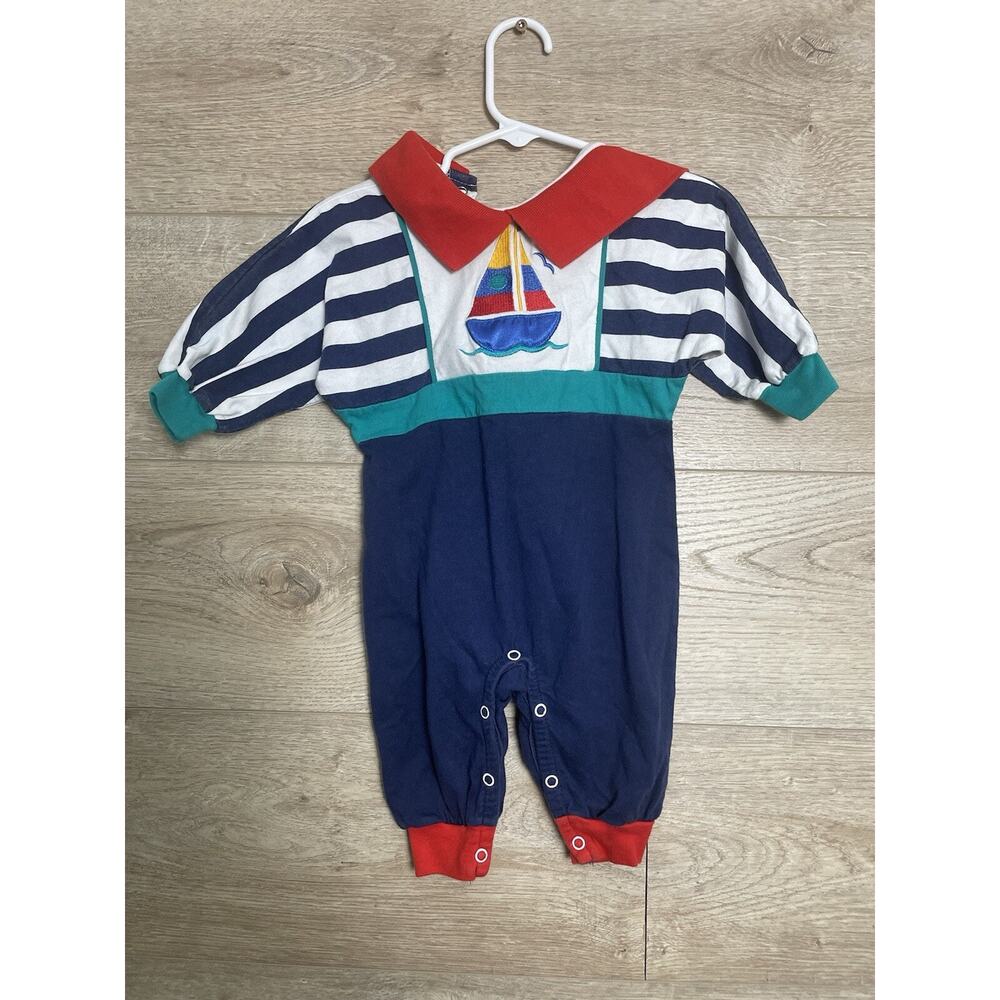 Vintage Cradles Brand Boys Romper 3-6 Months Sailboat Red Blue Green White